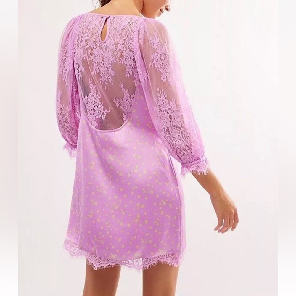 NEW Free People About That Mini Pink Satin & Lace Polkadot V Neck Dress Size XS